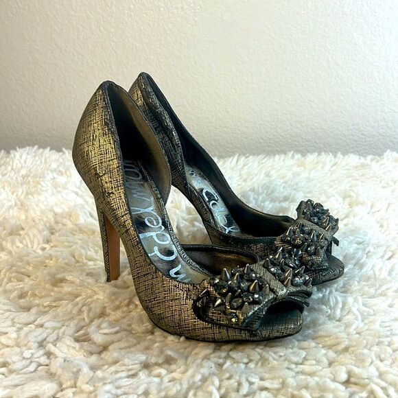 Sam Edelman Shoes - Sam Edelman Shoes Lorna Peep Toe 5" Heels Studded Bow Metallic Gold Size 7.5
